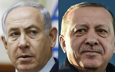 Prime Minister Benjamin Netanyahu, left, and Turkish President Recep Tayyip Erdogan seen in a combination of photos. (Ronen Zvulun and Ozan Kose/AFP)