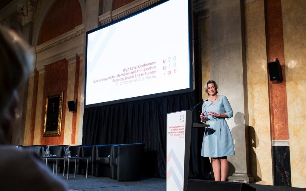 Katharina von Schnurbein speaks at a European Jewish Congress event in Vienna, in this undated photo. (Courtesy)