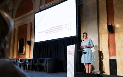 Katharina von Schnurbein speaks at a European Jewish Congress event in Vienna, in this undated photo. (Courtesy)