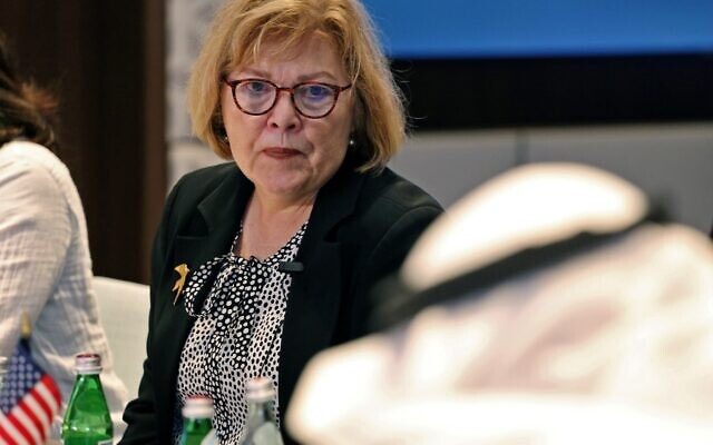 Barbara Leaf, US assistant secretary of state for Near Eastern Affairs, speaks to reporters at a media roundtable in Kuwait City on October 19, 2022. (YASSER AL-ZAYYAT / AFP)
