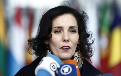 Belgium's Foreign Minister Hadja Lahbib speaks to the press during a NATO foreign affairs ministers' meeting, at NATO headquarters in Brussels, on April 4, 2023. (Kenzo TRIBOUILLARD / AFP)