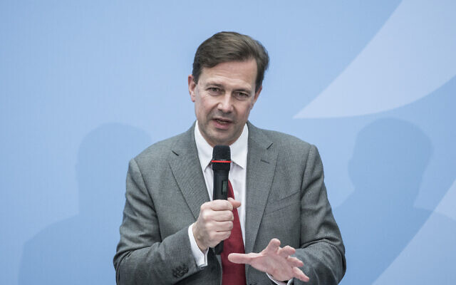 Steffen Seibert, German Ambassador to Israel and former spokesman for the German government, speaks during a handover ceremony in Berlin. December 9, 2021. (AP Photo/Steffi Loos)