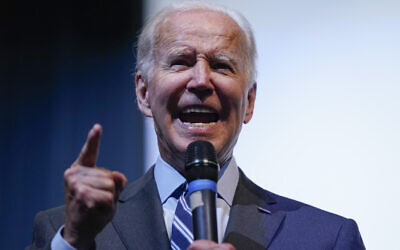 US President Joe Biden speaks to an overflow crowd at a rally hosted by the Democratic National Committee at Richard Montgomery High School, August 25, 2022, in Rockville, Maryland. (AP/Evan Vucci)