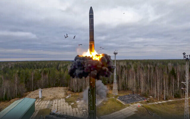 File: In an image from video released by Russian Defense Ministry Press Service on October 26, 2022, a Yars intercontinental ballistic missile is test-fired as part of Russia's nuclear drills from a launch site in Plesetsk, northwestern Russia. (Russian Defense Ministry Press Service via AP, File)