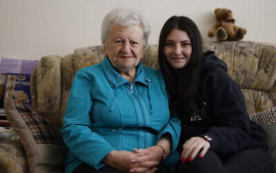 Holocaust survivor Assia Gorban, left, and her granddaughter Ruth Gorban pose during an interview with The Associated Press in Berlin, Germany, April 3, 2023. (AP Photo/Michele Tantussi)