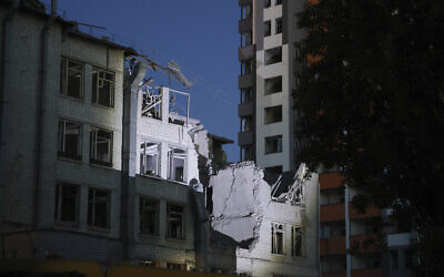 This shows a building damaged by a drone, that was shot down during a Russian overnight strike, in Kyiv, Ukraine, June 1, 2023. (AP Photo/Alex Babenko)