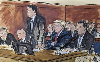 In this courtroom sketch, attorney Todd Blanche stands as he enters a plea of not guilty on behalf of former President Donald Trump, second from right, in federal court, Tuesday, June 13, 2023, in Miami. From left are: Stanley Woodward, Walt Nauta, Blanche, Trump and Chris Kise.  (Elizabeth Williams via AP)