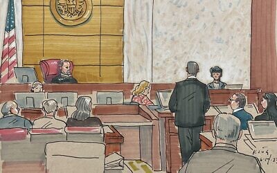 In this courtroom sketch, shooting survivor Andrea Wedner, right, testifies, Wednesday, June 14, 2023, in Pittsburgh, in the federal trial of Robert Bowers. (David Klug via AP)