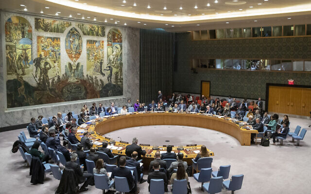 Illustrative: The UN Security Council holds a meeting, at United Nations headquarters, November 20, 2019. (Mary Altaffer/AP)