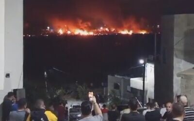 Fires seen in the village of Luban al-Sharkiyeh in the West Bank on June 20, 2023. (screen captgure: Twitter; Used in accordance with Clause 27a of the Copyright Law)