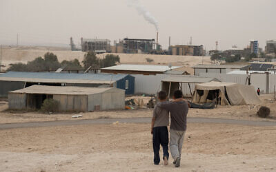 The unrecognized Bedouin villages around the Ramat Hovav industrial area in southern Israel suffer from a high level of air pollution from nearby chemical evaporation ponds and an Israel Electric Company power plant, on December 28, 2017. (Yaniv Nadav/Flash90/File)