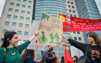 Israelis take part in a protest march to demand immediate action on climate change, Tel Aviv, March 29, 2019. The sign reads: 'What green do you see?' (Adam Shuldman/Flash90)