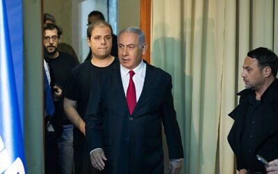 (R-L) Ofer Golan, Likud campaign manager, Prime Minister Benjamin Netanyahu, digital adviser Topaz Luk, and Likud spokesman Jonatan Urich at the Prime Minister's Residence in Jerusalem on March 20, 2019. (Yonatan Sindel/Flash90)