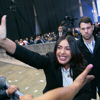 Miri Regev and Moshe Ben Zaken, right, at the Likud party headquarters on March 2, 2020. (Olivier Fitoussi/Flash90)