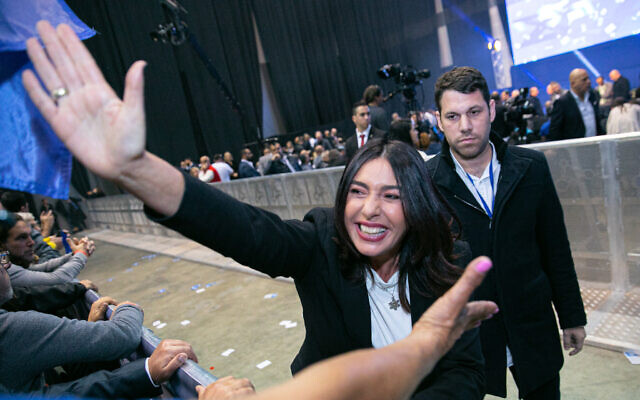 Miri Regev and Moshe Ben Zaken, right, at the Likud party headquarters on March 2, 2020. (Olivier Fitoussi/Flash90)