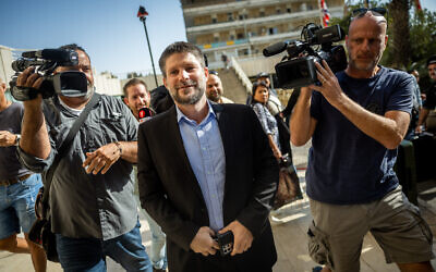 Religious Zionism leader Bezalel Smotrich arrives for coalition talks with Likud chief Benjamin Netanyahu, in Jerusalem, November 6, 2022. (Yonatan Sindel/Flash90)