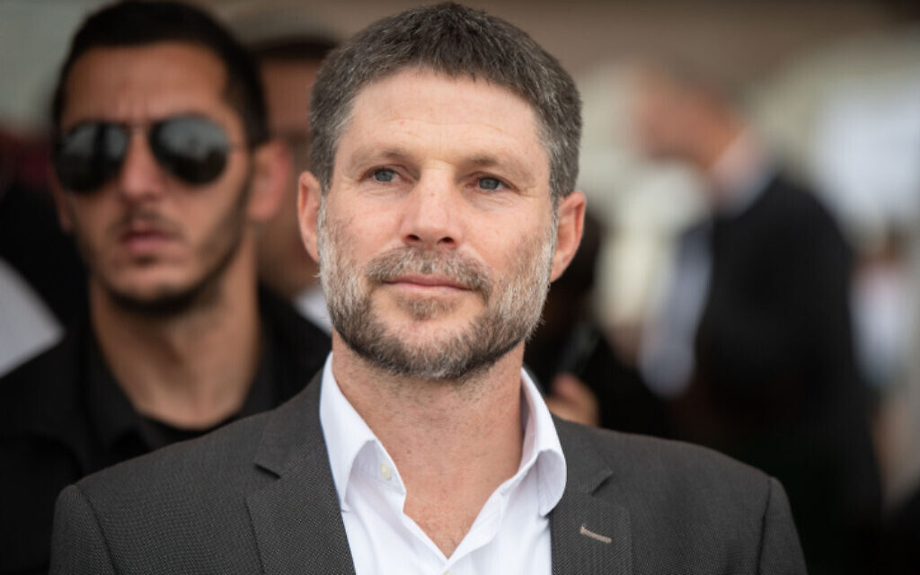 Israeli minister of Finance Bezalel Smotrich takes part in a march to the illegal West Bank outpost of Evyatar, near the West Bank city of Nablus, during the Passover holiday, on April 10, 2023. (Sraya Diamant/Flash90)
