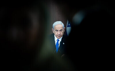 Israeli Prime Minister Benjamin Netanyahu leads a cabinet meeting at the Prime Minister's Office in Jerusalem, May 28, 2023. (Yonatan Sindel/Flash90)