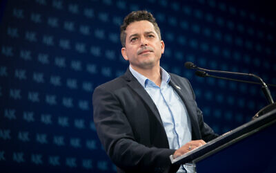 Diaspora Affairs Minister Amichai Chikli speaks at the AJC Global Forum in Tel Aviv, on June 14, 2023 (Miriam Alster/FLASH90)