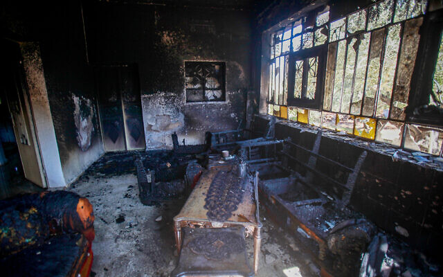 The damage caused to a Palestinian home by Jewish settlers in the West Bank village of Turmus Aya, on June 21, 2023. (Nasser Ishtayeh/Flash90)