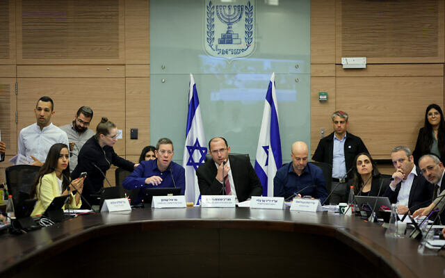 Religious Zionism MK Simcha Rothman (C), head of the Constitution, Law and Justice Committee at the Knesset, in Jerusalem on June 25, 2023 (Yonatan Sindel/Flash90)