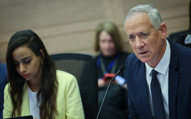 National Unity head Benny Gantz seen during a discussion on the planned judicial reform at a Constitution, Law and Justice Committee meeting at the Knesset in Jerusalem on June 25, 2023 (Yonatan Sindel/Flash90)