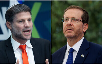 (L) Finance Minister Bezalel Smotrich at the Knesset in Jerusalem, May 1, 2023. (Yonatan Sindel/Flash90) (R) President Isaac Herzog in Jerusalem, June 14, 2023 (Noam Revkin Fenton/Flash90)