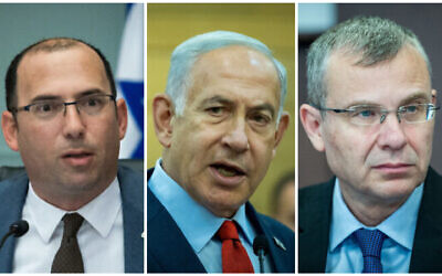 (L) MK Simcha Rotman at the Knesset on June 20, 2023 (Oren Ben Hakoon/Flash90) () Prime Minister Benjamin Netanyahu  at the Knesset on May 15, 2023. (Yonatan Sindel/Flash90) and (R) Justice Minister Yariv Levin at a cabinet in Jerusalem on May 28, 2023 (Yonatan Sindel/Flash90)