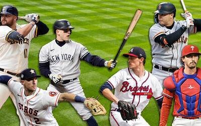 From left to right: Rowdy Tellez, Alex Bregman, Harrison Bader, Max Fried, Joc Pederson, Garrett Stubbs. (Getty Images; design by Mollie Suss via JTA)