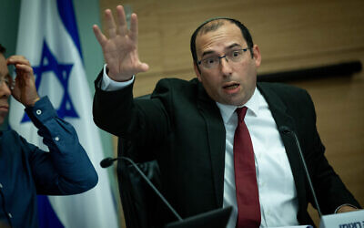 MK Simcha Rothman, head of the Constitution, Law and Justice Committee, seen during a committee meeting at the Knesset in Jerusalem, on May 29, 2023. (Yonatan Sindel/Flash90)