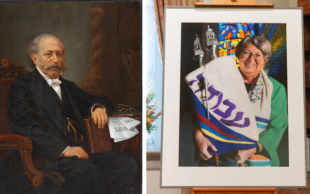 Portraits of Rabbi Isaac Mayer Wise, founder of Hebrew Union College, left, and Rabbi Sally Priesand, the first American woman ordained as a rabbi, right. (Courtesy/Hebrew Union College and the National Portrait Gallery via JTA. Design by Mollie Suss)
