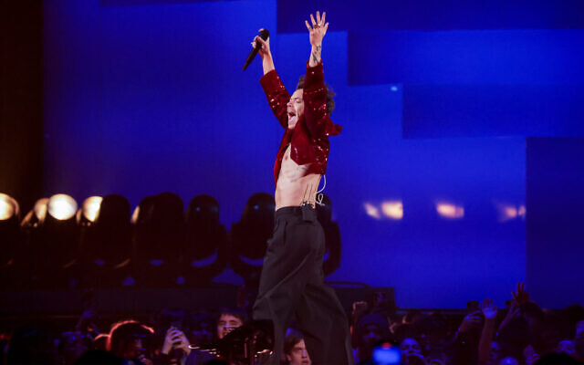 Harry Styles performing at the Brit Awards 2023 in London, February 11, 2023. (Vianney Le Caer/Invision/AP)