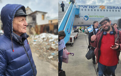 Eli Hopstein, left, gazes over his neighborhood in Mykolaiv, Ukraine; Alexey Shkurat, right, smiles upon arrival in Israel, a year after the rest of his family left Odessa. Both men have been aided by Jewish nonprofits. (Deborah Danan)