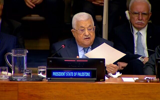 Palestinian Authority President Mahmoud Abbas speaks at a UN event commemorating the Palestinian 'Nakba,' in New York, May 15, 2023. (Screenshot: UN; used in accordance with Clause 27a of the Copyright Law)