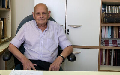 Prof. Yair Zakovitch in his Hebrew University of Jerusalem office, May 23, 2023. (Amanda Borschel-Dan/Times of Israel)